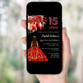 Invitation Quinceanera noir rouge robe fleurons arc