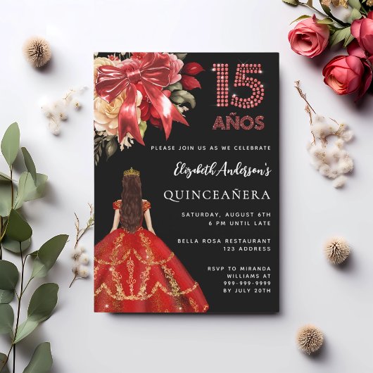 Invitation Quinceanera noir rouge robe fleurons arc