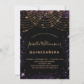 Invitation Quinceanera noir violet or parties scintillant pou (Devant)