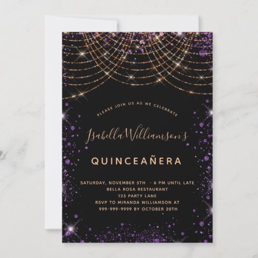 Invitation Quinceanera noir violet or parties scintillant pou (Devant)