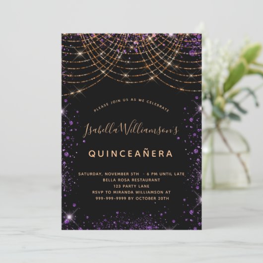 Invitation Quinceanera noir violet or parties scintillant pou (Debout devant)