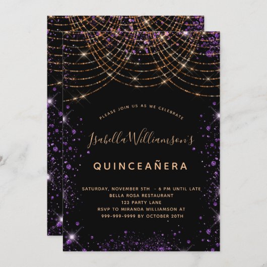 Invitation Quinceanera noir violet or parties scintillant pou (Devant / Derrière)