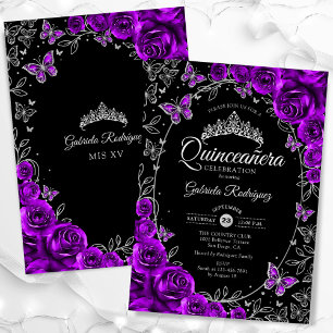 Invitation Quinceanera noire en argent violet