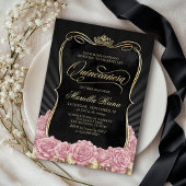Invitation Quinceañera noire en or rose