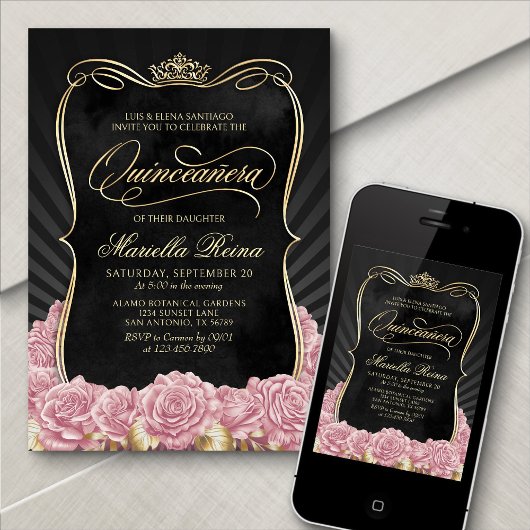 Invitation Quinceañera noire en or rose