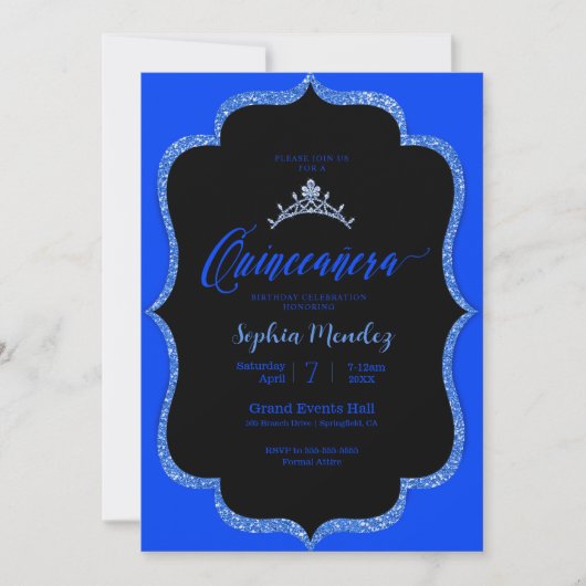 Invitation Quinceanera noire et bleue (Devant)
