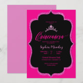 Invitation Quinceanera noire et rose (Devant / Derrière)