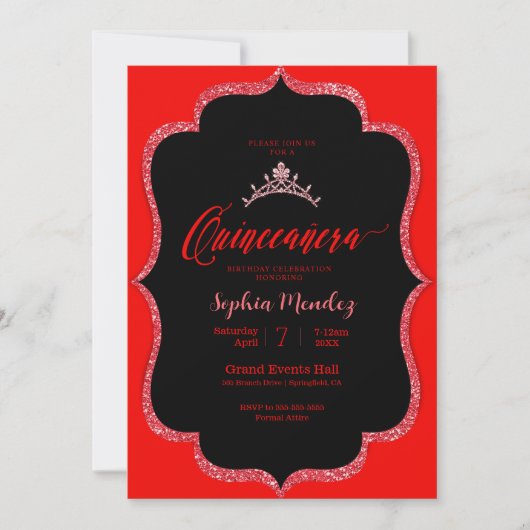 Invitation Quinceanera noire et rouge (Devant)