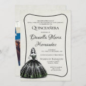 Invitation Quinceañera noire et verte (Devant / Derrière)