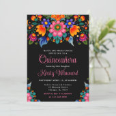 Invitation Quinceanera noire florale mexicaine (Debout devant)