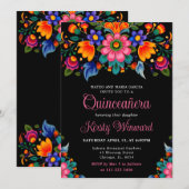 Invitation Quinceanera noire florale mexicaine (Devant / Derrière)