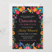 Invitation Quinceanera noire florale mexicaine (Devant)
