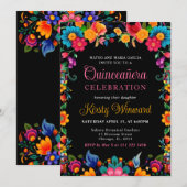 Invitation Quinceanera noire florale mexicaine (Devant / Derrière)