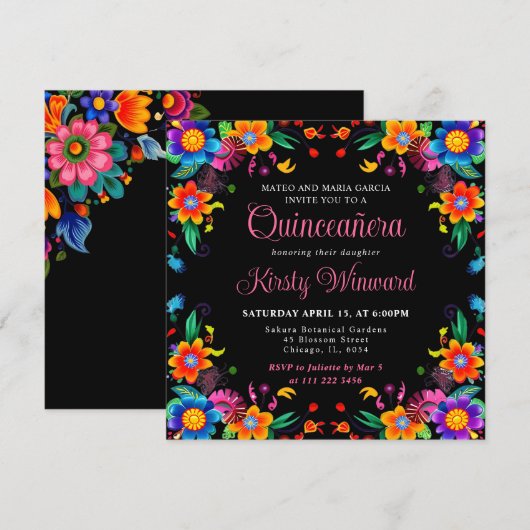 Invitation Quinceanera noire florale mexicaine (Devant / Derrière)