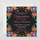 Invitation Quinceanera noire florale mexicaine (Devant)