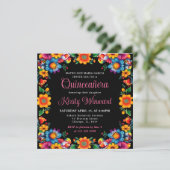 Invitation Quinceanera noire florale mexicaine (Debout devant)