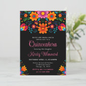 Invitation Quinceanera noire florale mexicaine (Debout devant)
