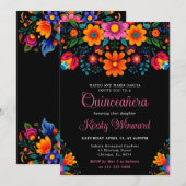 Invitation Quinceanera noire florale mexicaine (Devant / Derrière)