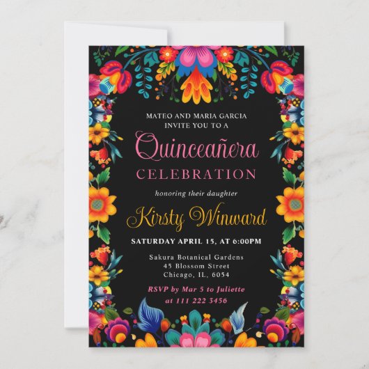 Invitation Quinceanera noire florale mexicaine (Devant)