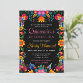Invitation Quinceanera noire florale mexicaine (Debout devant)