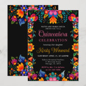 Invitation Quinceanera noire florale mexicaine (Devant / Derrière)