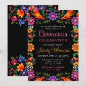 Invitation Quinceanera noire florale mexicaine (Devant / Derrière)