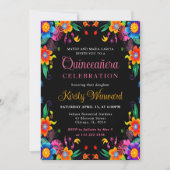 Invitation Quinceanera noire florale mexicaine (Devant)