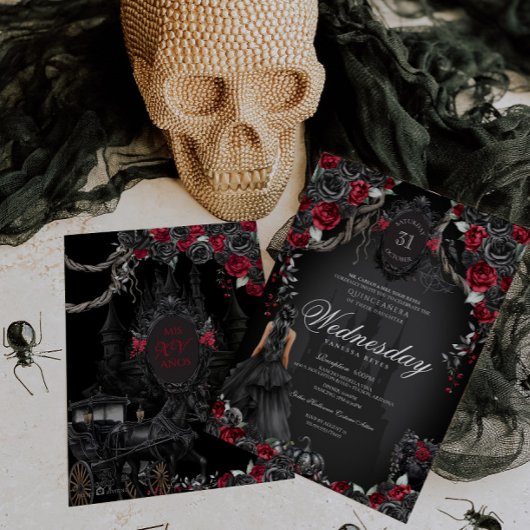 Invitation Quinceanera noire Rose rouge Halloween