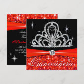 Invitation Quinceanera noire rouge Princesse Tiara Bling (Devant / Derrière)