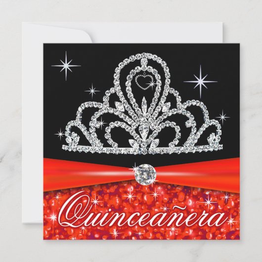 Invitation Quinceanera noire rouge Princesse Tiara Bling (Devant)