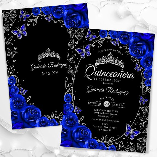 Invitation Quinceanera noire Royal Blue Silver
