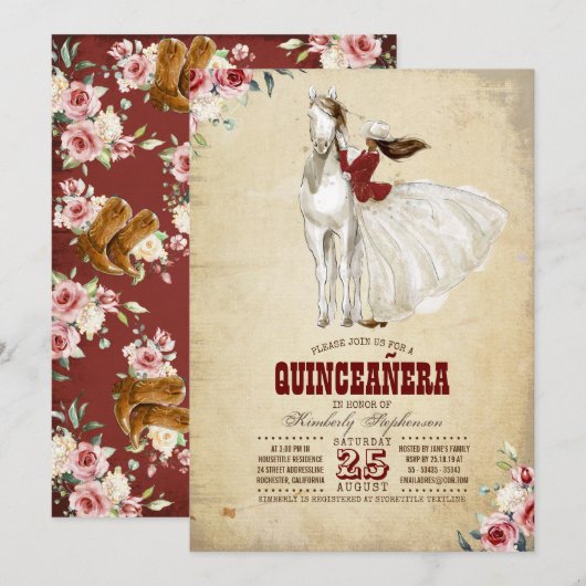 Invitation Quinceañera Occidentale de Bourgogne - 15e anniver (Devant / Derrière)