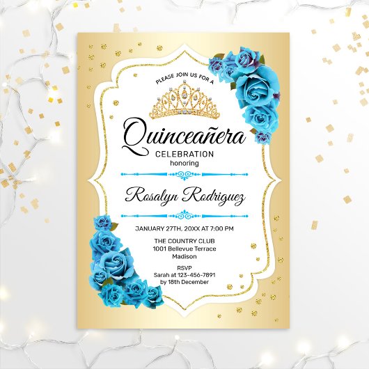 Invitation Quinceanera - Or Blanc Bleu