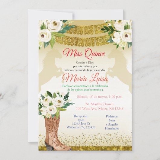 Invitation Quinceañera Or Blanc Miss Mexicaine Quince (Devant)