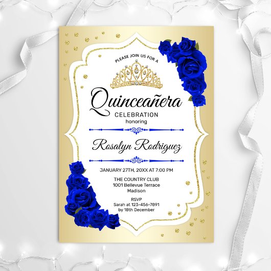 Invitation Quinceanera - Or Blanc Royal Bleu