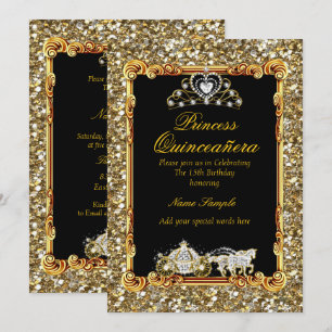 Invitation Quinceanera Or Carrosse Cheval Noir Conte de Fées