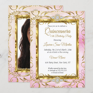 Invitation Quinceanera Or Diamant Rose Photo Fête d'anniversa