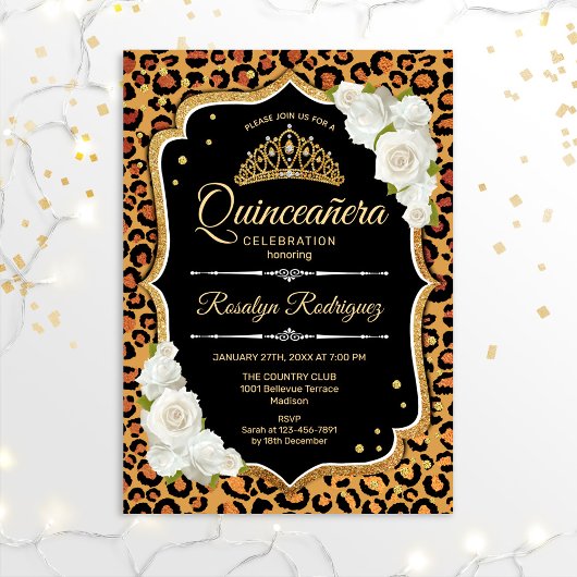 Invitation Quinceanera - Or Empreinte de léopard Blanc