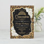 Invitation Quinceanera - Or Empreinte de léopard Blanc (Debout devant)
