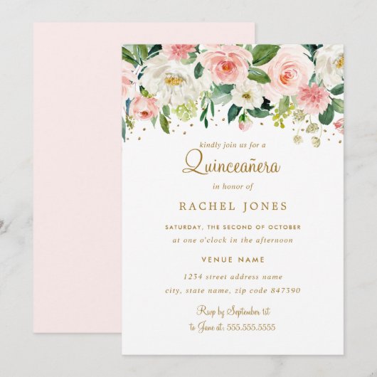 Invitation Quinceanera Or Floral Blush (Devant / Derrière)