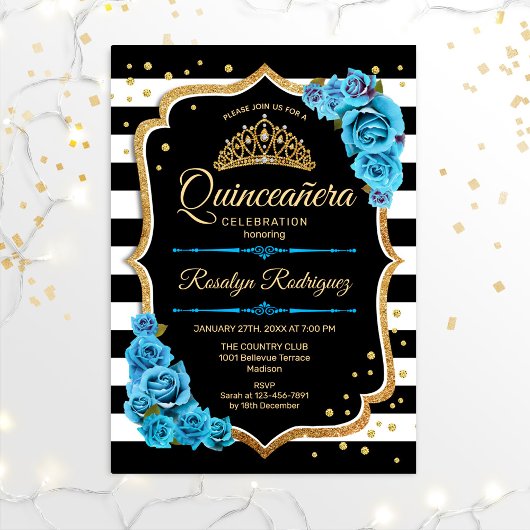 Invitation Quinceanera - Or noir bleu