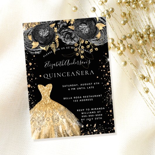 Invitation Quinceanera or noir parties scintillant robe flora