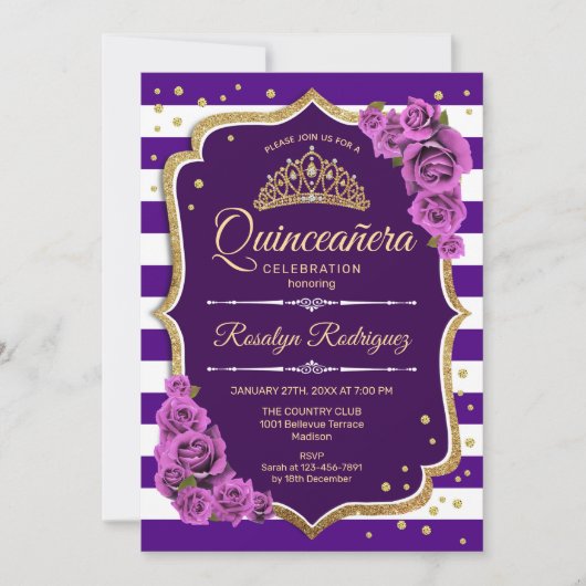 Invitation Quinceanera - Or pourpre (Devant)