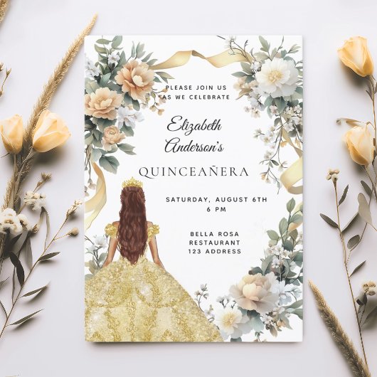 Invitation Quinceanera or robe florales sauge vert