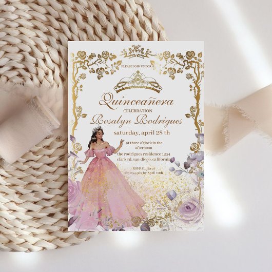 Invitation Quinceanera - Or rose blanc