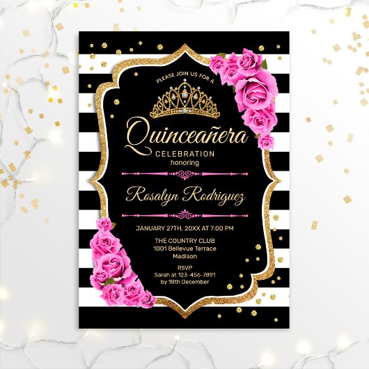 Invitation Quinceanera - Or rose Noir