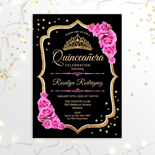 Invitation Quinceanera - Or rose noir