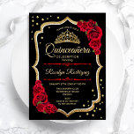 Invitation Quinceanera - Or rouge noir<br><div class="desc">Invitation à la célébration de la Quinceanera en or noir. Caractéristiques police de script,  roses rouges,  tiara et confetti. Design classique avec parties scintillant en or. Parfait pour une élégante célébration de glamour.</div>