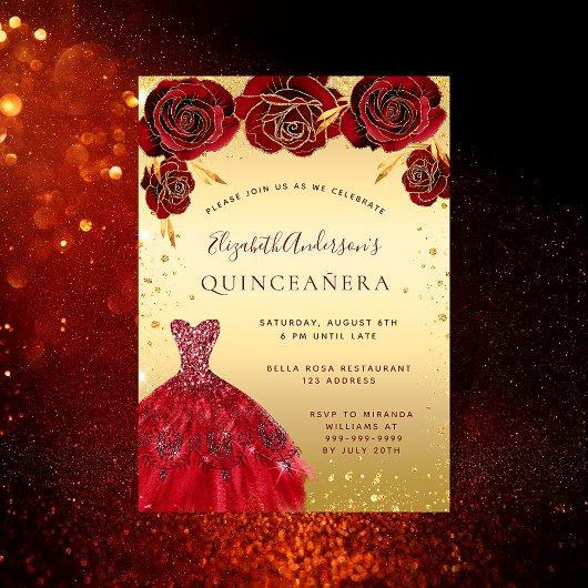 Invitation Quinceanera or rouge parties scintillant robe flor