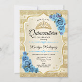 Invitation Quinceanera - Or Stripes Bleues (Devant)